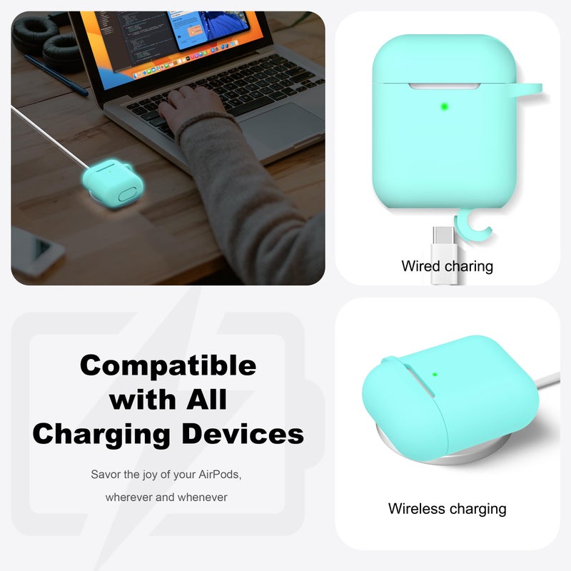 R-fun Compatible with AirPods Case Cover, Soft Silicone Protective Cover with Keychain for Women Men Compatible with Apple AirPods 2nd 1st Generation Charging Case, Front LED Visible,Glow Blue - Image 4